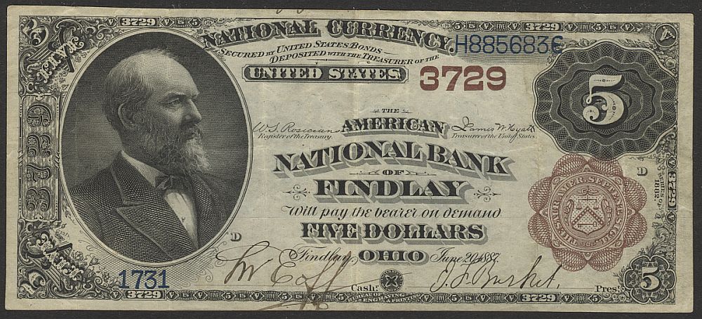 Findlay, OH, Ch.#3729, 1882BB $5, 1731, VF